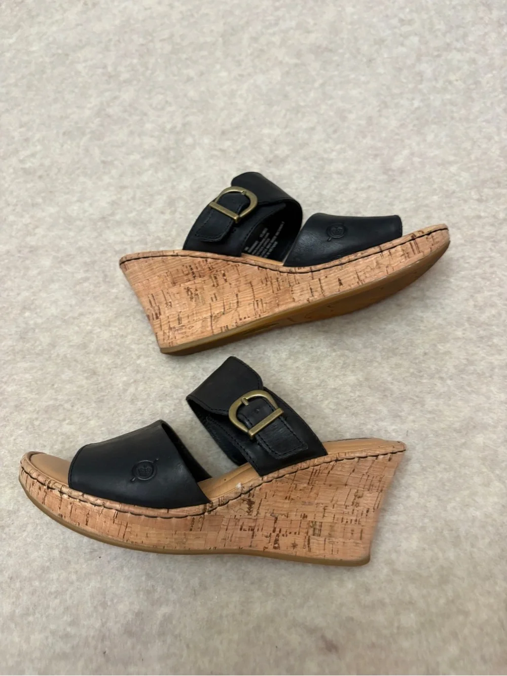 Born Black Leather Straps Slip On Cork Wedge Sandal Women’s size 9